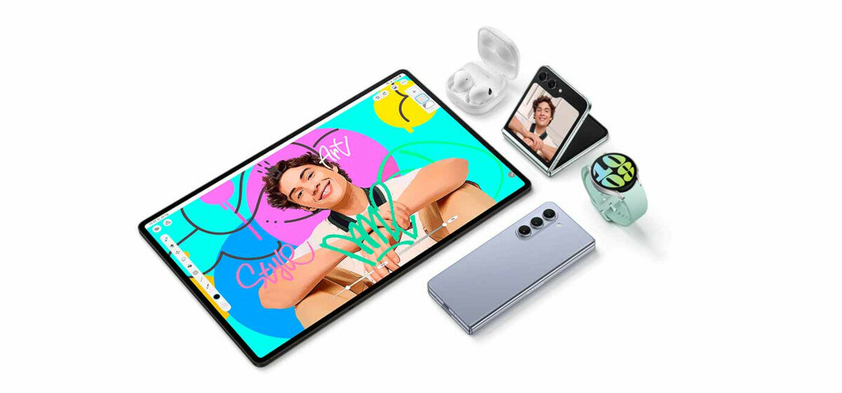 Tablet Samsung Galaxy Tab S9+ grafika przedstawiająca tablet, smartfony, słuchawki oraz smartwatch marki Samsung
