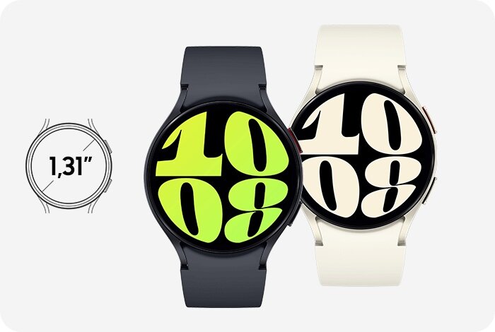 Smartwatch Samsung Galaxy Watch 6 SM-R930NZ 40mm czarny pokazane dwa smartwatche frontem i ikona z wielkością ekranu