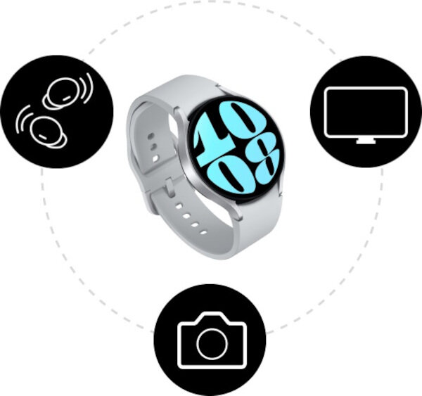 Smartwatch Samsung Galaxy Watch 6 SM-R930NZ 40mm czarny pokazany frontem oraz różne ikony wokół