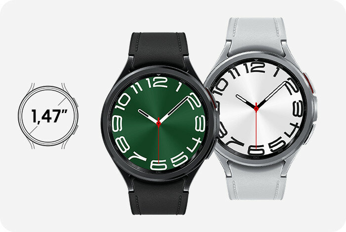 Smartwatch Samsung Galaxy Watch 6 Classic BT 47mm R960 srebrny pokazane dwa zegarki frontem i ikona wielkości ekranu