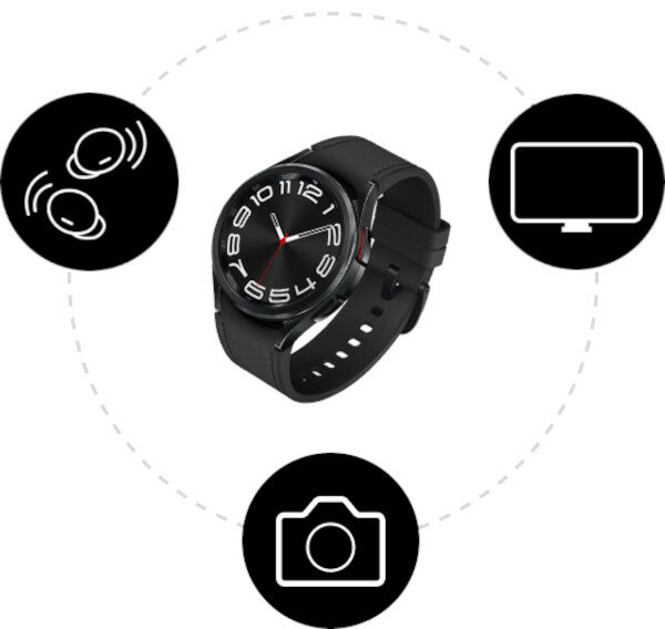 Smartwatch Samsung Galaxy Watch 6 Classic BT 47mm R960 srebrny pokazany zegarek pod kątem i trzy różne ikony wokół