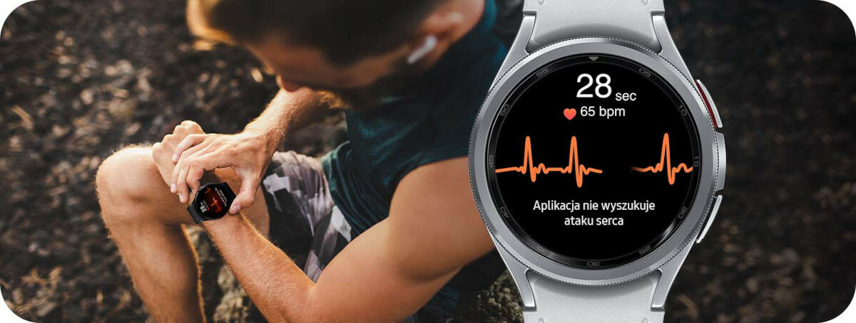 Smartwatch Samsung Galaxy Watch 6 Classic LTE 47mm R965 czarny pokazana funkcja pomiary tętna oraz mężczyzna podczas pomiaru