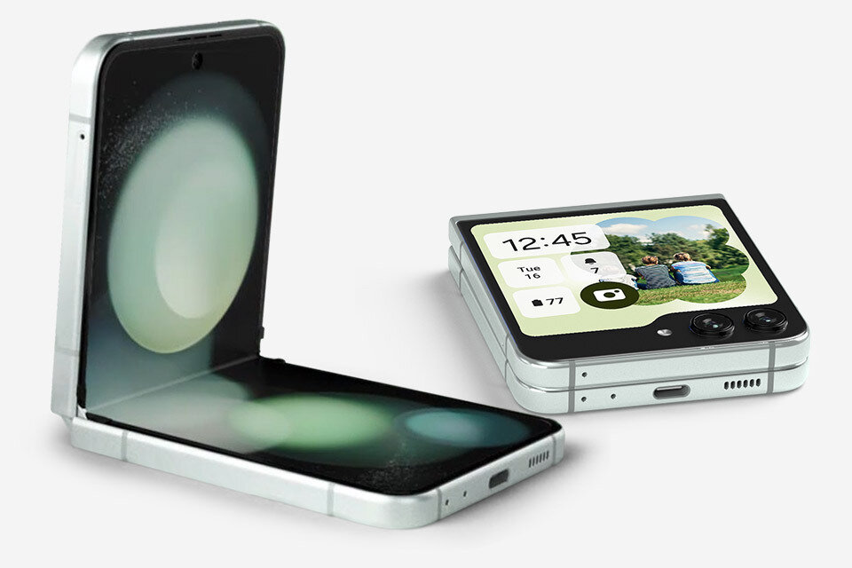 Smartfon Samsung Galaxy Z Flip5 grafika przedstawiająca dwie możliwości złożenia smartfona