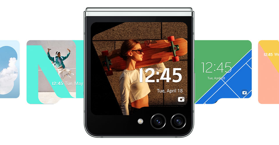 Smartfon Samsung Galaxy Z Flip5 grafika przedstawiająca złożony smartfon z różnymi widgetami