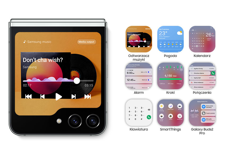 Smartfon Samsung Galaxy Z Flip5 grafika przedstawiająca złożony smartfon oraz widoki widgetów aplikacji na złożonym smartfonie