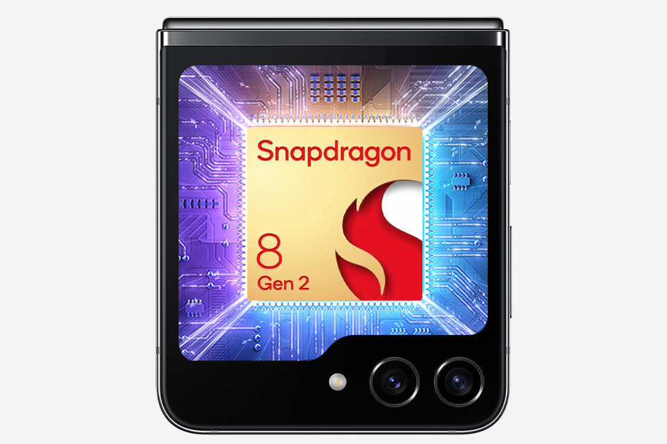 Smartfon Samsung Galaxy Z Flip5 grafika przedstawiająca złożony smartfon z widgetem procesora