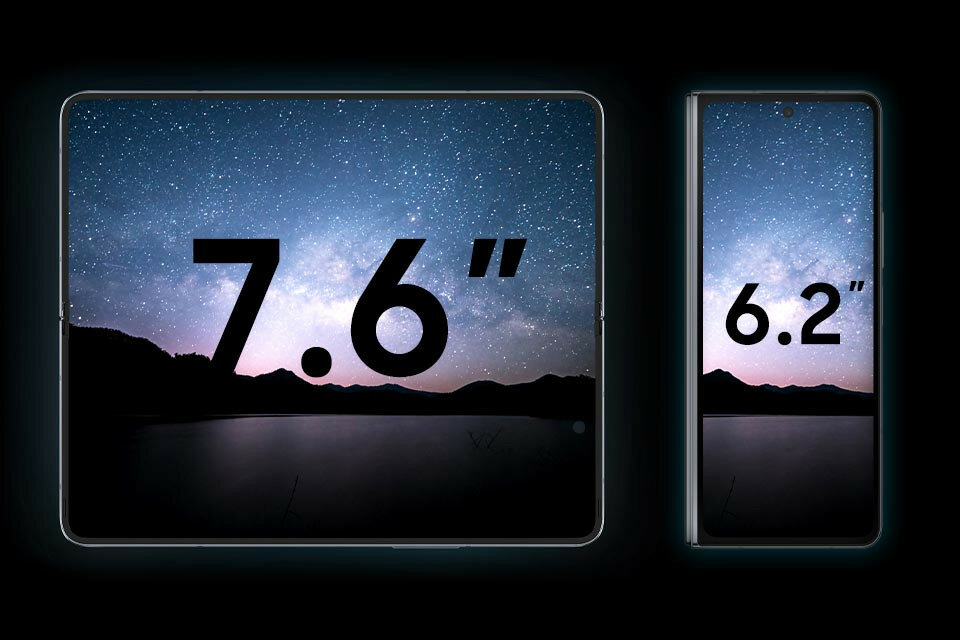 Smartfon Samsung Galaxy Z Fold5 grafika przedstawiająca wymiary ekranu rozłożonego i złożonego smartfona