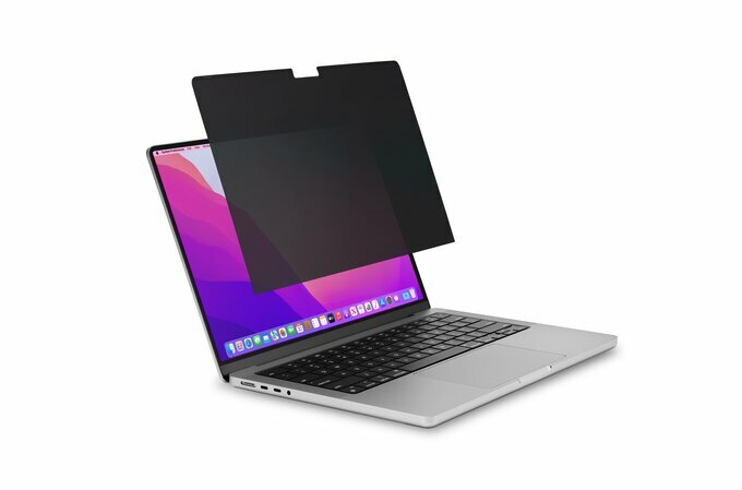 Filtr prywatności Kensington Magnetic MacBook Pro 14” filtr widoczny nad ekranem laptopa