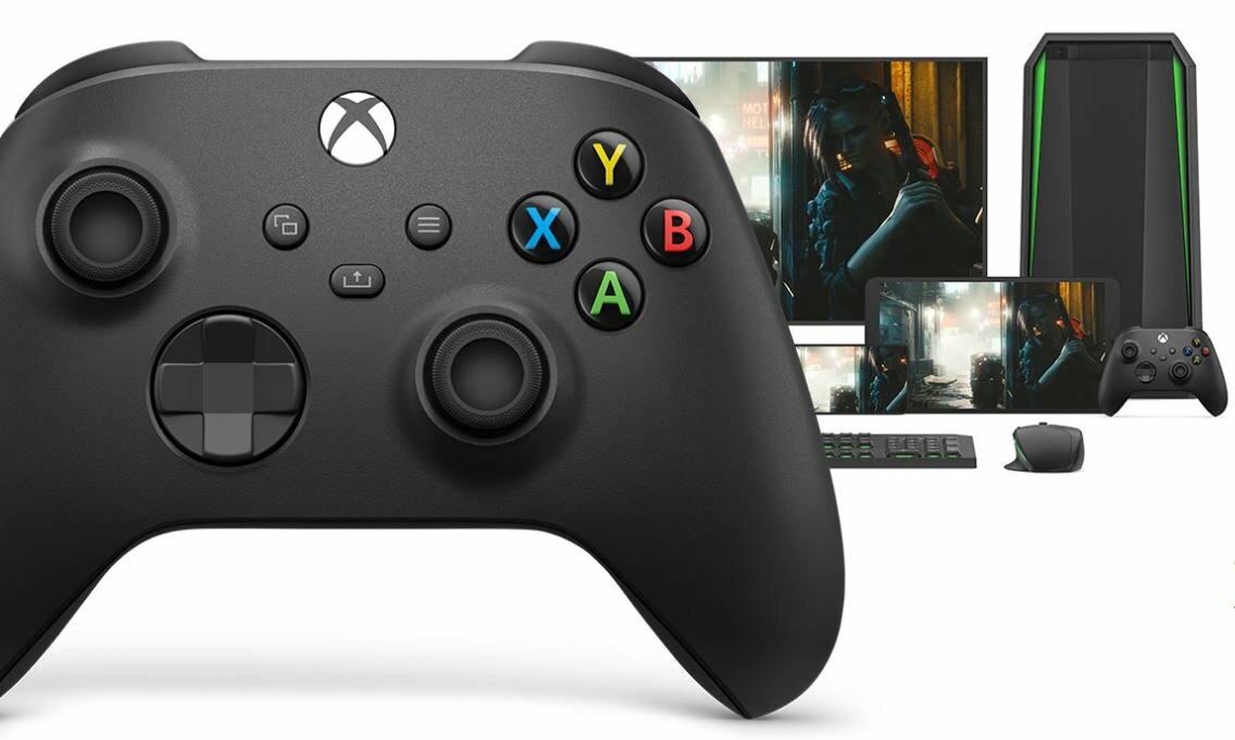 Kontroler Microsoft Xbox Series Wireless fioletowy widok od frontu na tle wyświetlaczy i konsoli