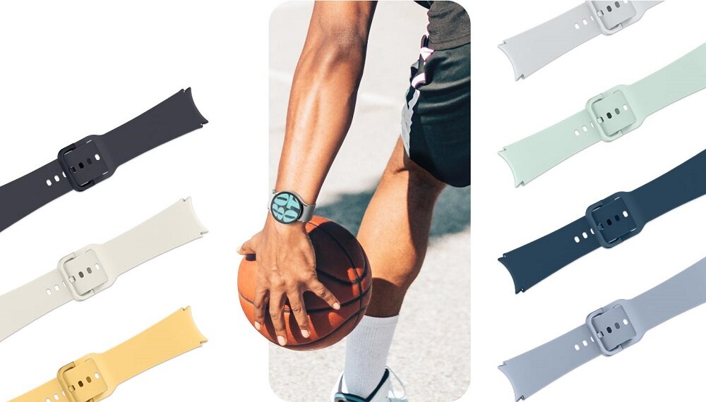 Pasek sportowy Samsung ET-SFR93 do Galaxy Watch6 S/M widok na zegarek na ręce mężczyzny grającego w koszykówkę oraz różne kolory pasków po bokach