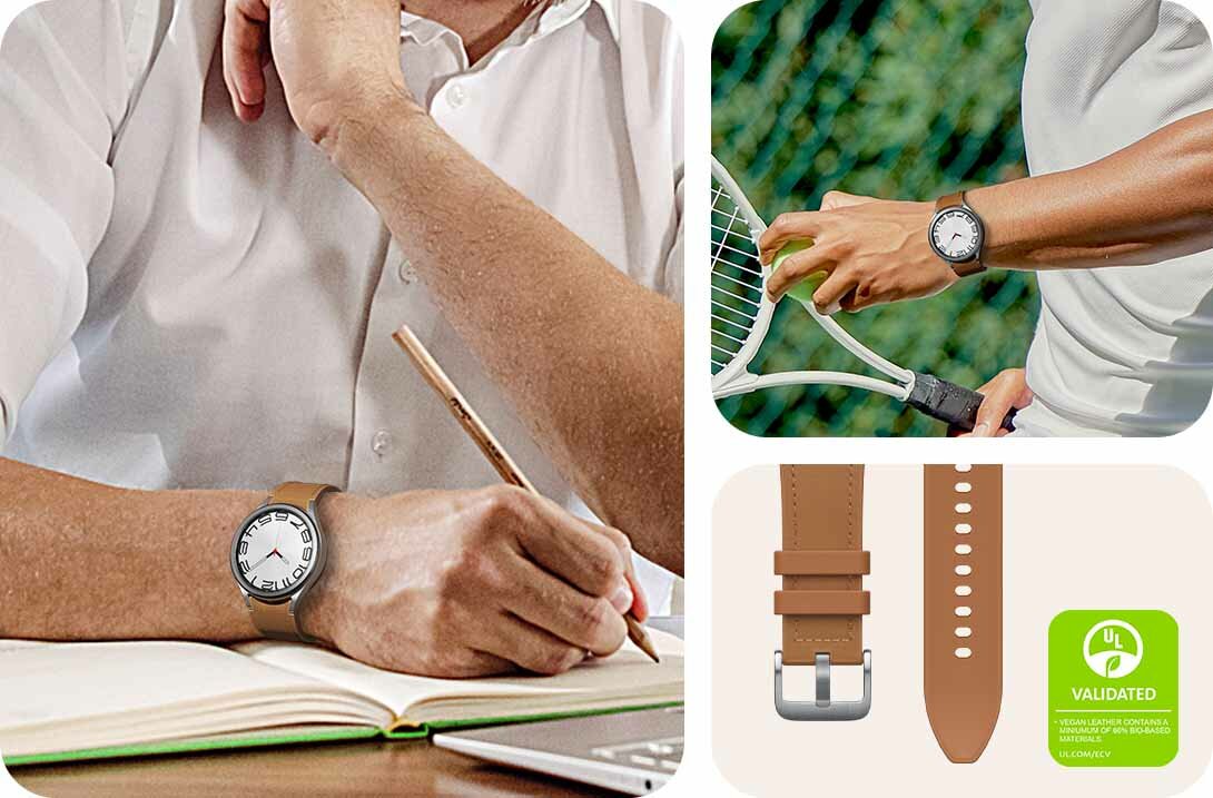 Pasek z eko-skóry Samsung ET-SHR95 do Galaxy Watch6 S/M mężczyzna z zegarkiem na ręku piszący w zeszycie, mężczyzna z zegarkiem na ręku grający w tenisa i beżowy pasek
