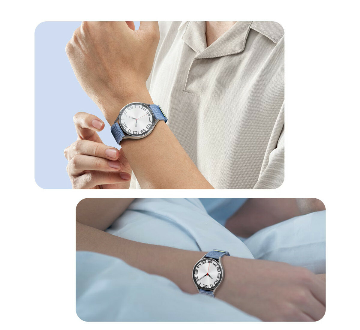 Pasek Samsung ET-SVR94 do Galaxy Watch 4/5/6 nylonowy M/L niebieski widoczny na nadgarstku w pozycji pionowej oraz podczas snu