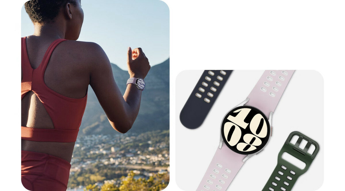 Pasek Samsung ET-SXR94 do Galaxy Watch 4/5/6 sportowy Extreme M/L lawendowy/biały na nadgarstku biegnącej kobiety z widokiem na pasek z góry