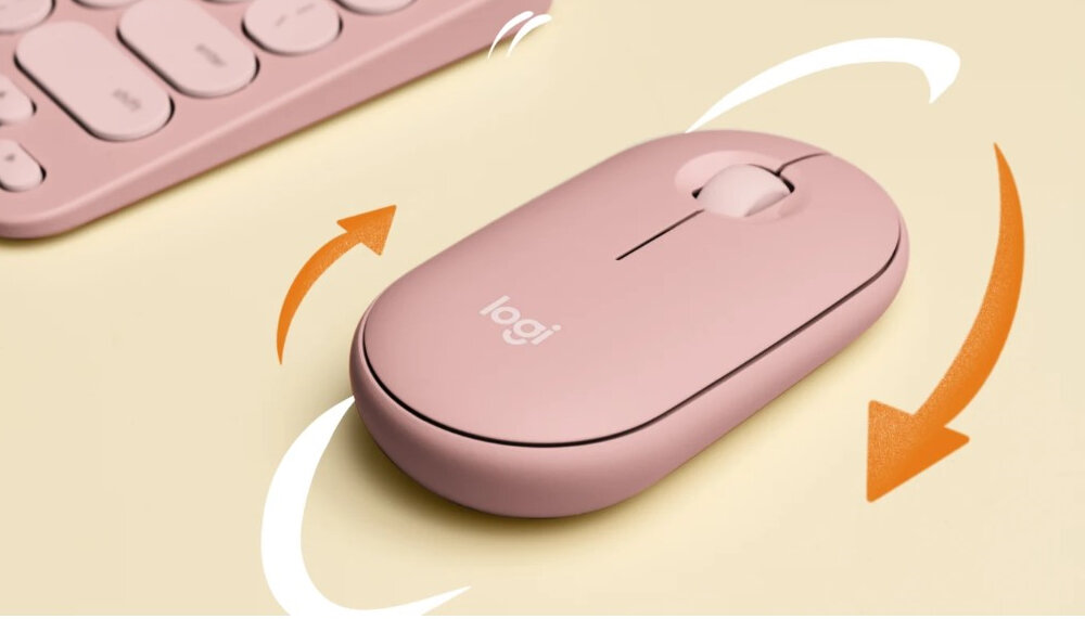 Mysz Logitech Pebble Mouse 2 M350s biała grafika przedstawia mysz po skosie oraz róg klawiatury