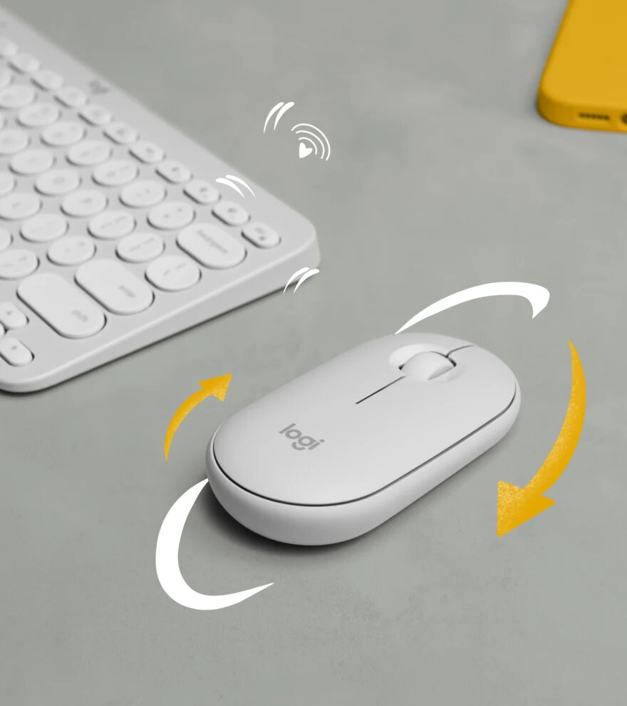Zestaw klawiatura i mysz Logitech Pebble 2 Combo różowy grafika przedstawia mysz po skosie oraz róg klawiatury i smartfona