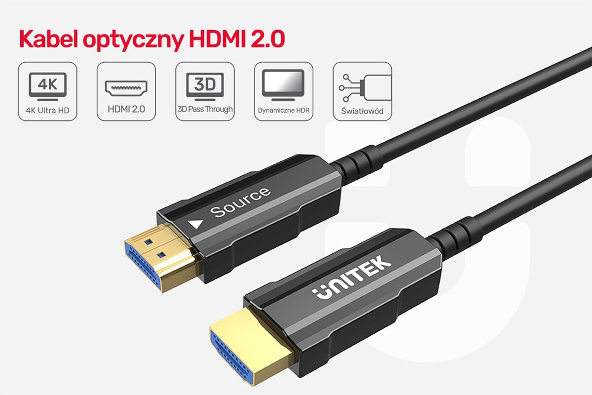 Kabel HDMI Unitek C11072BK-10M AOC 4K 60Hz 10m grafika ze specyfikacją kabla, kabel z dwoma końcówkami po prawej stronie