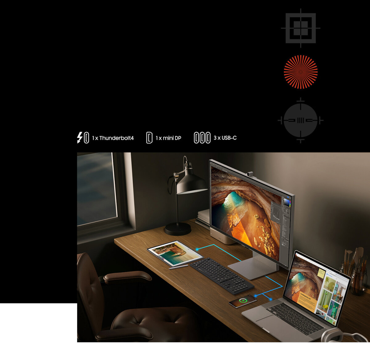 Monitor Samsung ViewFinity S90PC grafika przedstawiająca możliwość podpięcia różnych urządzeń