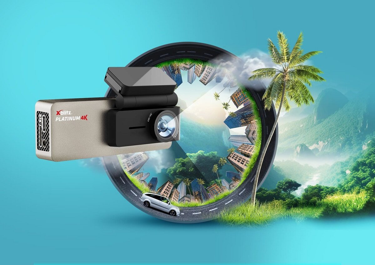 Wideorejestrator Xblitz Platinum 4K widok wideorejestratora pod skosem na tle animowanej grafiki z jadącym samochodem