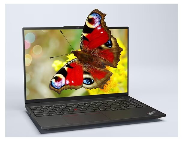 Laptop Lenovo ThinkPad E16 Core i5-1335U pod skosem z grafiką motyla przed ekranem