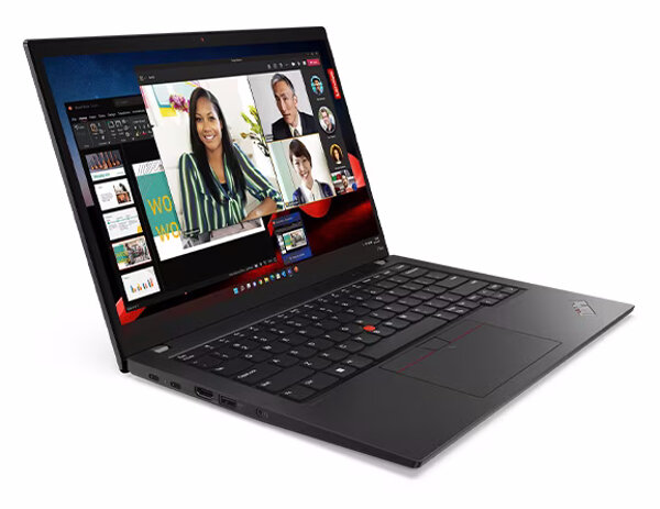 Laptop Lenovo ThinkPad T14s Gen 4 16/512GB po skosie w prawo włączony na białym tle