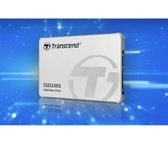 Dysk SSD Transcend SSD230S zdjęcie dysku na niebieskim cyfrowym tle