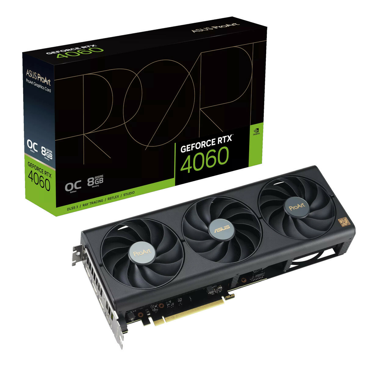 Karta graficzna Asus GeForce RTX 4060 ProArt zdjęcie karty obok pudełka