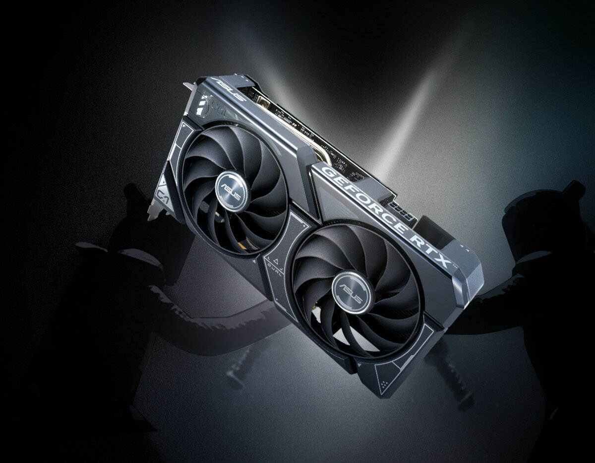 Karta graficzna ASUS Dual GeForce RTX 4060 Ti grafika przedstawia kartę z dwójką szermierzy w tle