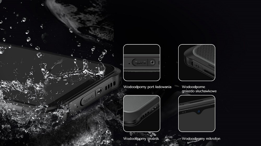 Smartfon Ulefone Power Armor 14 Pro 8GB/128GB czarny grafika przedstawia smartfon pod skosem i wyszczególnione wodoodporne elementy