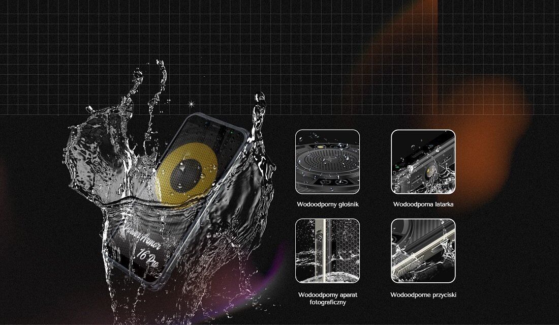 Smartfon Ulefone Power Armor 16 pro grafika przedstawia wodoszczelność smartfona