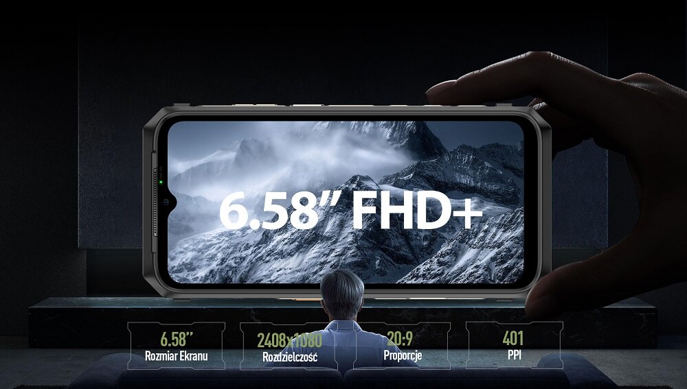 Smartfon Ulefone Power Armor 19 12GB/256GB grafika przedstawia smartfon trzymany w ręce oraz parametry wyświetlacza
