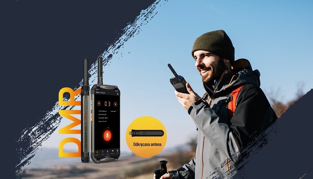 Smartfon Ulefone Armor 20WT grafika przedstawia mężczyznę trzymającego smartfon oraz smartfon pod skosem i od boku z przyczepioną anteną