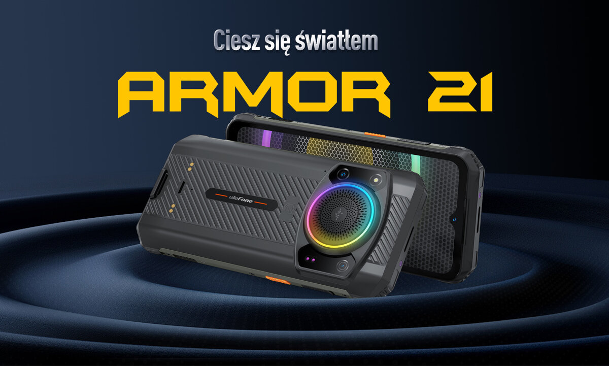 Smartfon Ulefone Armor 21 8/256GB czarny dwa po skosie w lewo tył i front, u góry napis na czarnym tle