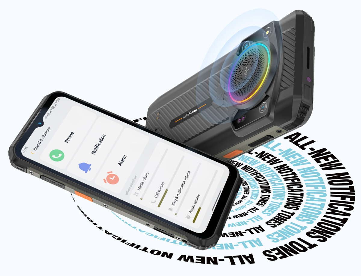 Smartfon Ulefone Armor 21 8/256GB czarny grafika przedstawiająca smartfon od frontu po skosie w lewo oraz drugi smartfon od tyłu po skosie w prawo na tle napisów