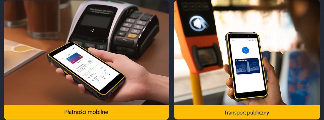 Smartfon Ulefone Armor X12 Pro 4GB/64GB czarno-pomarańczowy grafika przedstawia telefon w trakcie używania funkcji NFC