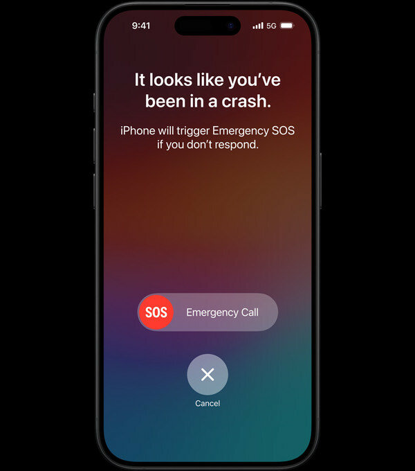 Smartfon Apple iPhone 15 Pro grafika przedstawiająca powiadomienie SOS na smartfonie