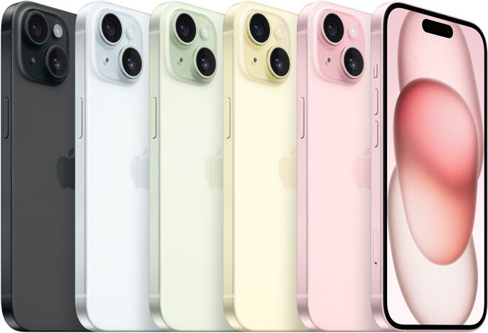 Smartfon Apple iPhone 15 Plus widok na pięć smartfonów w pięciu odcieniach pod skosem