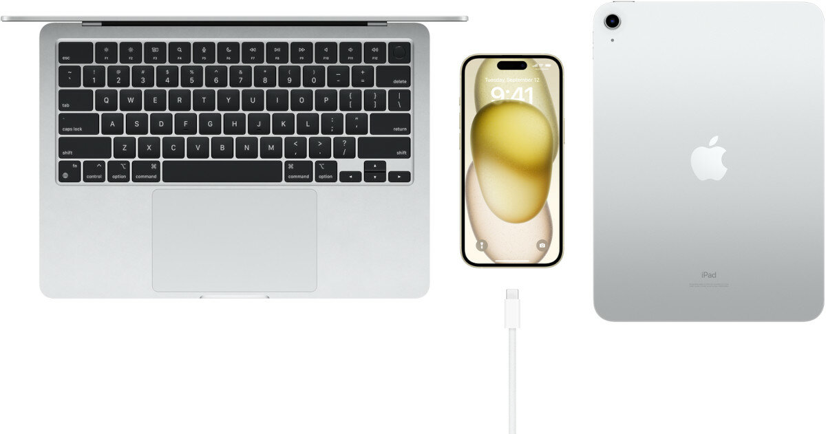 Smartfon Apple iPhone 15 Plus grafika przedstawiająca produkty Apple z kablem USB‑C