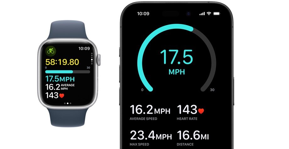 Smartwatch Apple Watch Series 9 widok na smartwatch i ekran iPhone'a od frontu