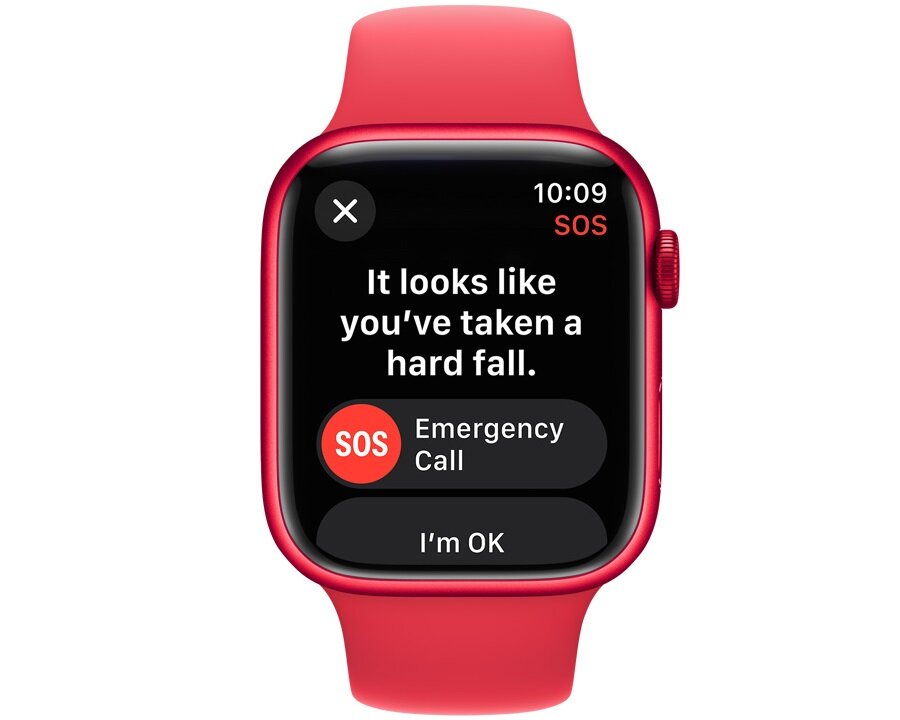 Smartwatch Apple Watch Series 9 widok na smartwatch od frontu z widoczną włączoną funkcją wykrywania upadków na ekranie