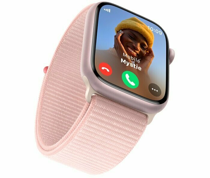 Smartwatch Apple Watch Series 9 GPS + Cellular aluminium różowy 41 mm + opaska sportowa jasnoróżowa M/L grafika przedstawia smartwatch pod skosem
