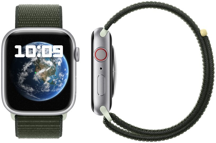 Smartwatch Apple Watch Series 9 GPS + Cellular stal nierdzewna srebrna 41 mm + opaska sportowa sztormowy błękit M/L grafika przedstawia smartwatch od frontu i smartwatch od boku