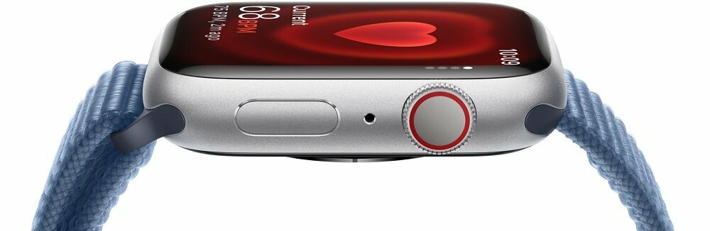 Smartwatch Apple Watch Series 9 GPS + Cellular aluminium 45mm + opaska sportowa księżycowa poświata widok od boku na wyswietlacz z włączoną funkcją mierzenia rytmu serca