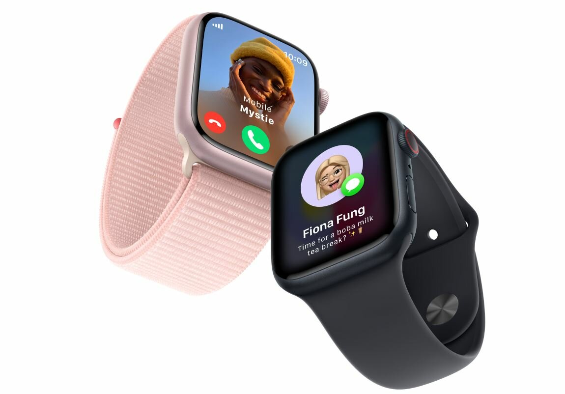 Smartwatch Apple Watch Series 9 GPS + Cellular aluminium 45mm srebrny + opaska sportowa S/M sztormowy błękit widok na dwa smartwatche od frontu