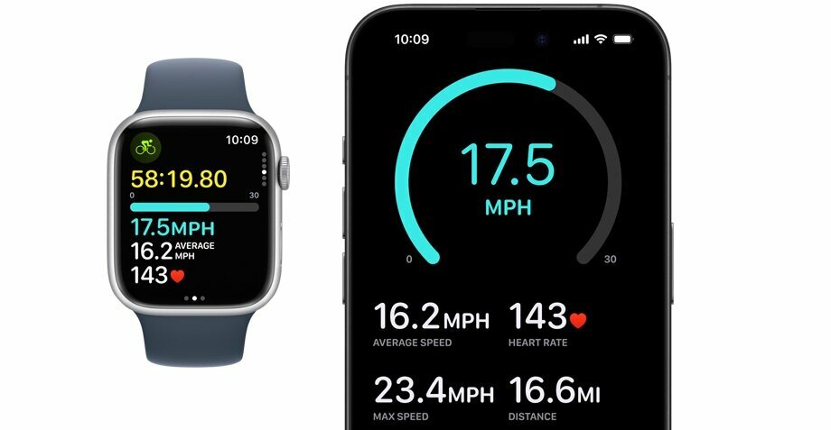 Smartwatch Apple Watch Series 9 GPS + Cellular aluminium 45mm srebrny + opaska sportowa zimowy błękit widok na smartwatch i ekran iPhone'a od frontu