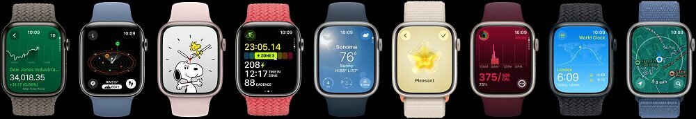 Smartwatch Apple Watch Series 9 GPS + Cellular aluminium 45mm różowy + opaska sportowa S/M jasnoróżowa widok na 9 smartwatchy od frontu z różnymi aplikacjami włączonymi na ekranie