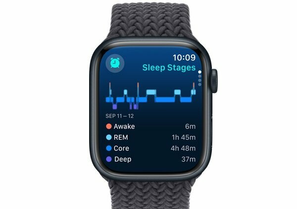 Smartwatch Apple Watch Series 9 GPS + Cellular stal nierdzewna 45mm srebrny + opaska sportowa s/m sztormowy błękit od frontu z włączoną aplikacją Sen