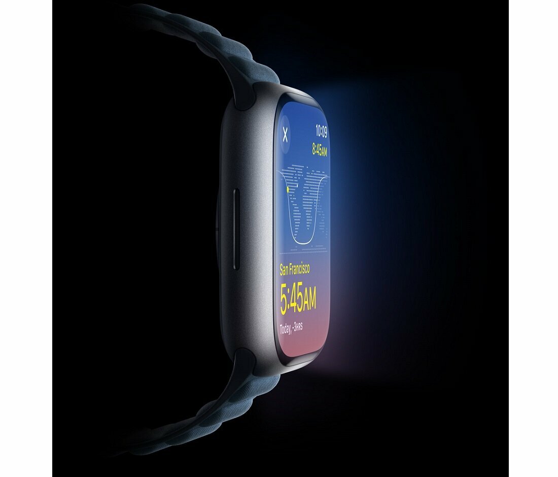 Smartwatch Apple Watch Series 9 GPS + Cellular stal nierdzewna 45mm złoty + opaska sportowa M/L popielaty brąz widok od boku