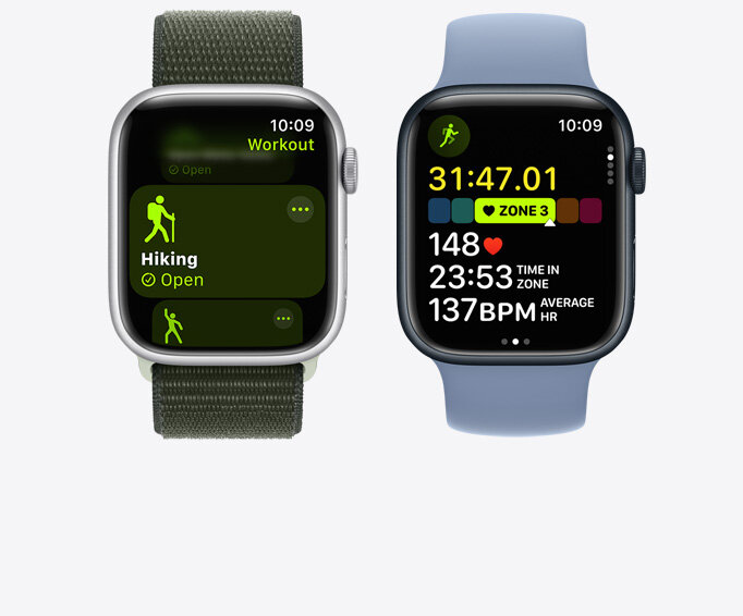 Smartwatch Apple Watch SE GPS 40mm północ aluminium + sportowy pasek dwa smartwatche frontem z widocznymi funkcjami aktywności