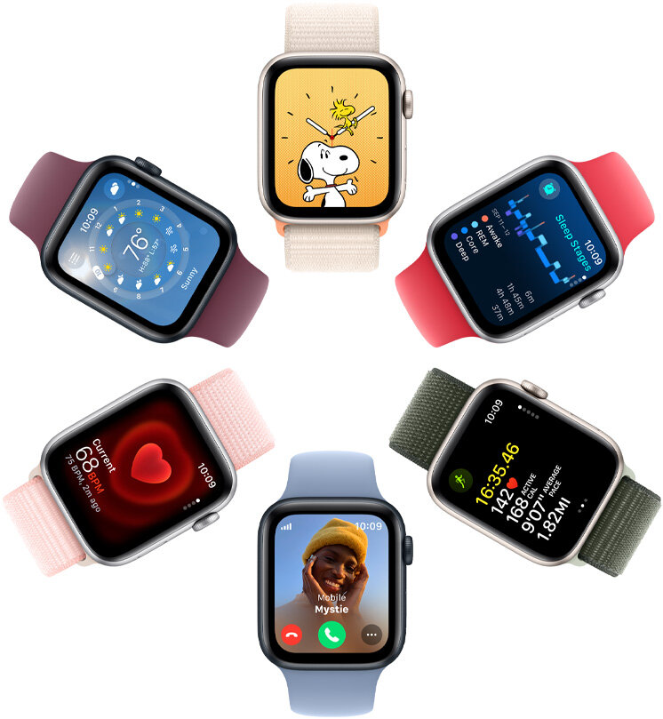 Smartwatch Apple Watch SE GPS 40mm srebrny aluminium + niebieski pasek M/L widoczne smartwatche od góry z różnymi wersjami kolorystycznymi pasków