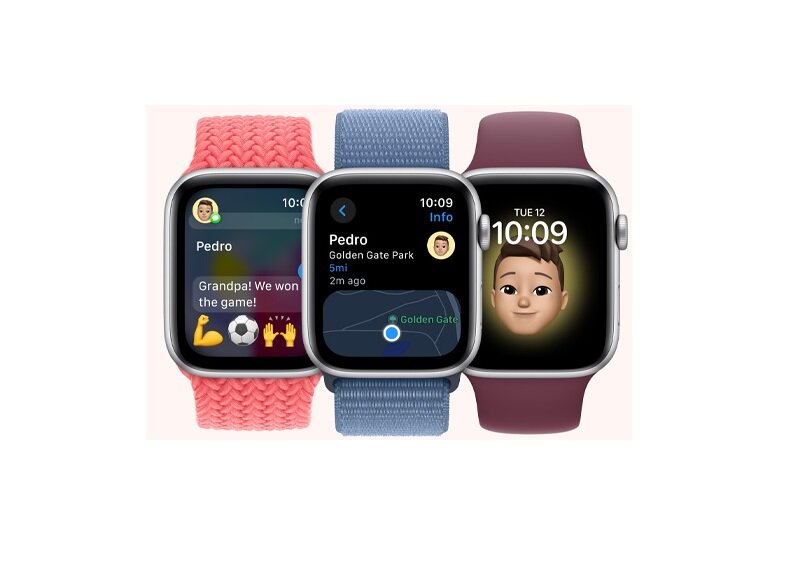 Smartwatch Apple Watch SE GPS + Cellular 40mm księżycowa poświata aluminium + sportowy pasek widoczne trzy smartwatche z różnymi paskami frontem